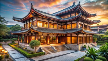 Fototapeta premium Serene Sunset Illumination of a Traditional Chinese Villa, sunset, architecture, China, temple