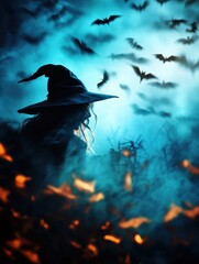 Fototapeta premium Blue Night with Flying Bats Over Halloween Trees, Ideal for Spooky Backgrounds and Creepy Nighttime Scenes