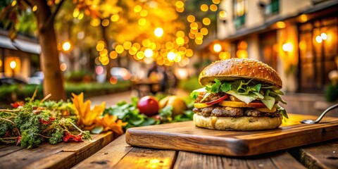 Golden light spills onto the sidewalk, casting a cozy ambiance as earthy tones and soft focus photography capture the laid-back atmosphere of a perfect evening.