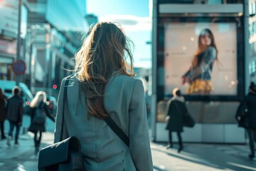 Obraz premium Businesswoman is walking on a busy city street, ignoring a shop window displaying a fashion advertisement