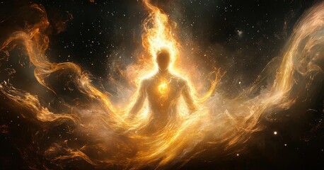 Fiery Humanoid Figure Floating in Cosmic Space