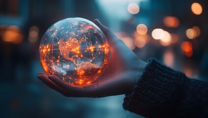 A person holding the Earth with digital connections and technology.