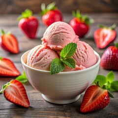 Strawberry Ice Cream Delight in a White Bowl, Strawberry, Ice Cream, Dessert, Summer