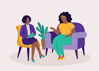 Overweight Black Woman Sitting On Couch And Talking To Her Psychologist During A Psychotherapy Session.