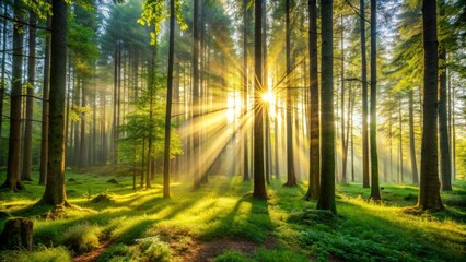 Obraz premium Sunbeams Illuminating a Misty Forest, Wide Shot, Sunlight Dappled Through Trees, Golden Hour, Nature, Forest, Sunlight