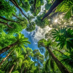 Naklejka premium Sunlight Filtering Through Lush Canopies, Low Angle View, Green Foliage, Blue Sky, Sunrays, Tropical Forest, Nature
