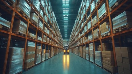 Fototapeta premium vast warehouse interior bathed in warm light towering shelves stocked with diverse products busy forklifts weaving between aisles workers efficiently managing inventory modern logistics hub