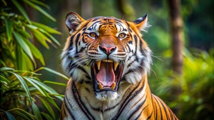 Fototapeta premium The Roaring Tiger Close Up of a Bengal Tiger's Ferocious Snarl in a Lush Jungle Setting, tiger , jungle , animal , wildlife