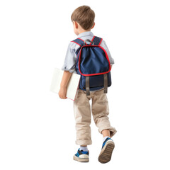 Student child boy wears school uniform holding book with walking back to school, isolated on transparent or  white background