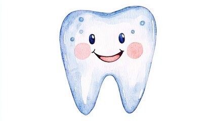 Watercolor texture soft pastel colors friendly cartoon tooth character with a toothbrush bubbles around the tooth gentle and playful vibe light blue and white palette