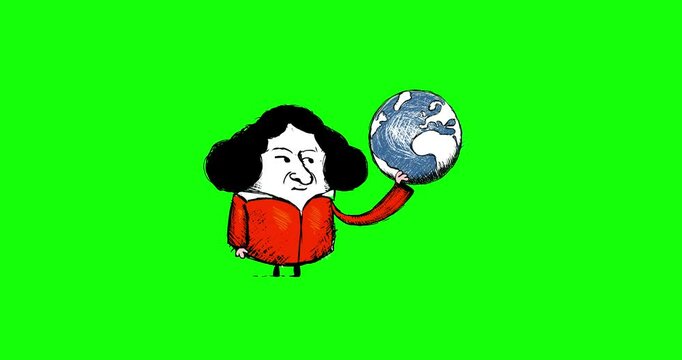 Copernicus is moving earth cartoon animation green screen. Cute animated human character scientific subject. Science, discovery, education in doodle color linear style greenbox isolated. 