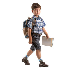 Student child boy wears school uniform holding book with walking back to school, isolated on transparent or  white background