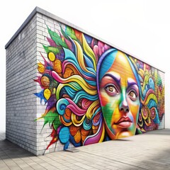 Urban Mural A Woman's Face with Colorful Abstract Hair, Brick Wall, 3D Rendering, Digital Art, Street Art, Graffiti, Illustration