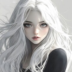 Fototapeta premium Beautiful Anime Girl with White Hair in Black and Gray Pencil Art