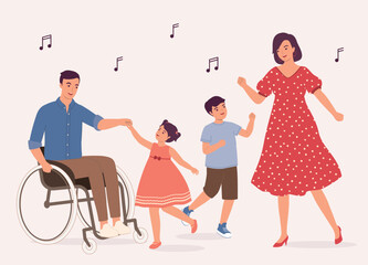 Obraz premium Happy Father In Wheelchair Dancing With His Family.
