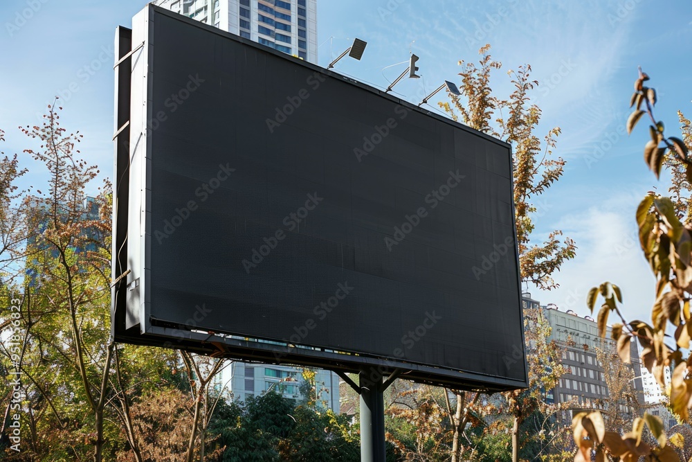 Poster large, blank billboard is displaying in the city with buildings and trees in the background