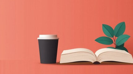 Naklejka premium A book is open on a table with a cup of coffee next to it