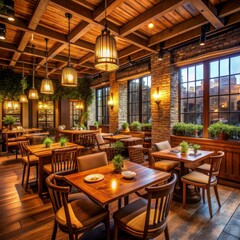 Fototapeta premium Warm Wooden Restaurant Interior with Hanging Lamps, Wooden Chairs and Tables, Brick Wall and Windows, Interior Design, Restaurant Design , Lighting Design , Interior Architecture