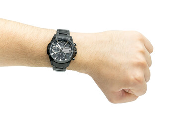 Hand with modern black chronograph watch isolated on white