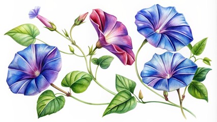 Watercolor Illustration of Morning Glory Flowers with Vibrant Hues, watercolor, botanical illustration, flower, nature, morning glory