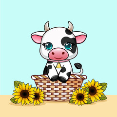 Cute cartoon cow in the basket with sunflowers. Funny children's  illustration with little cow or bull. 