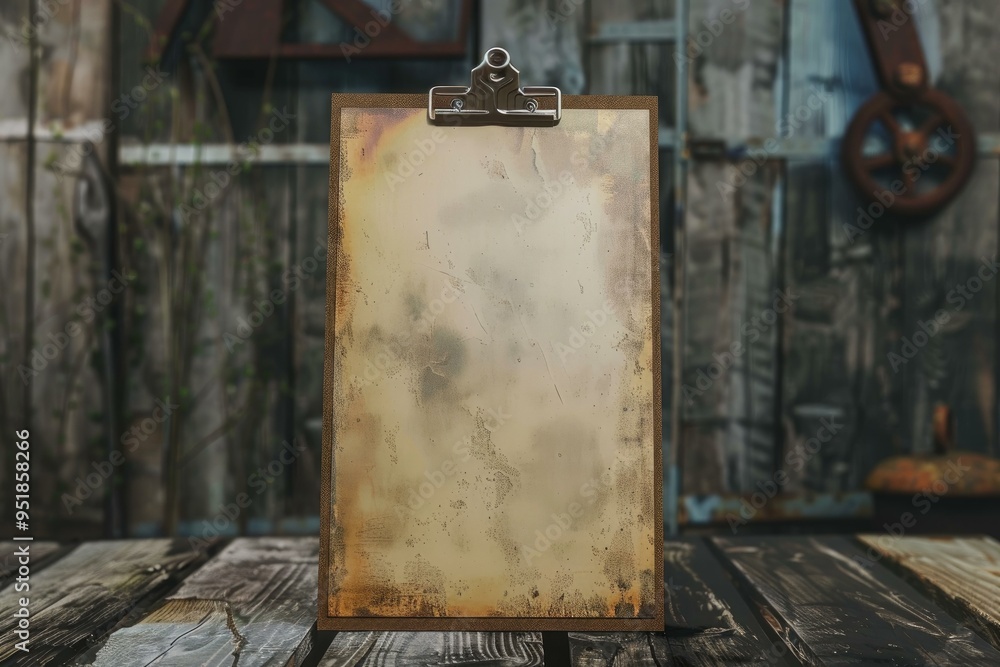 Aufkleber old clipboard with blank paper standing on a rustic wooden table with a grunge background