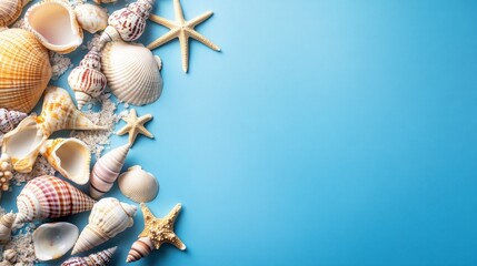 Obraz premium Seashells and Starfish on a Blue Background