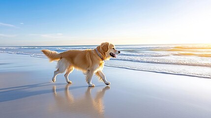 Dog walking by the beachside during sunset, waves gently lapping, warm tones, and relaxed atmosphere