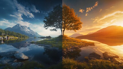 Fototapeta premium Night and Day Landscape with Mountain Lake and Tree