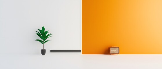 Minimalist Interior Design with White and Orange Walls  Plant and Radio