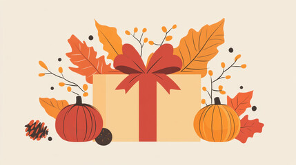 A festive Thanksgiving gift box adorned with autumn leaves, pumpkins, and berries creates warm and inviting atmosphere.