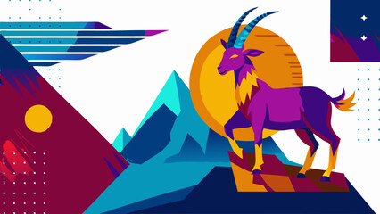 Majestic mountain goat standing proudly on stylized landscape with copy space