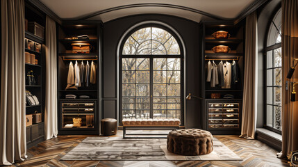 Luxurious modern wardrobes with arched windows, beige curtains, and black accents in elegant dressing rooms, enhanced by natural light and sophisticated design elements.