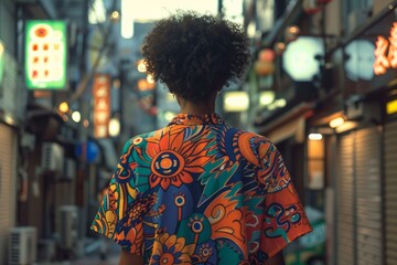Obraz premium Young tourist admiring the beauty of a vibrant asian street at dusk