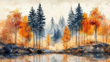 watercolor forest scene with a variety of handpainted trees soft muted colors blend harmoniously creating a dreamy woodland landscape with delicate brushstrokes and translucent layers