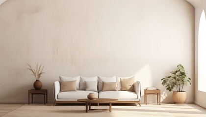 Modern Minimalist Living Space Featuring an Arched Window and Warm Natural Light