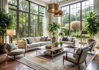 luxuriant minimalism serene afternoon UCLA interior design fusion eclectic furnishings metallic accents verdant greenery abundant natural light soft focus subtle shadows modern elegance