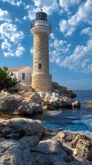 Fototapeta premium A stone lighthouse stands tall on a rocky outcropping, overlooking the calm blue waters. The white building and the clear sky create a serene coastal scene.