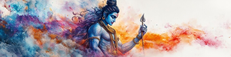 Vibrant AI-Generated Shiva: Epic Watercolor Depiction of Hindu God with Trishula. Colorful Cultural Art for T-Shirt Prints, Posters, and UI Design. Minimalist Composition with Elegant Gradients and Te
