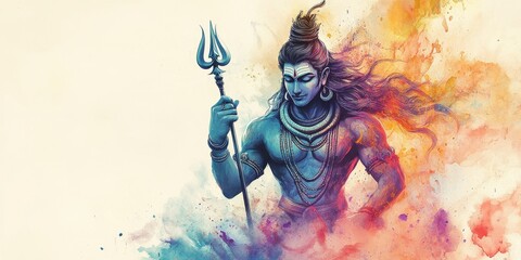 Vibrant AI-Generated Shiva: Epic Watercolor Depiction of Hindu God with Trishula. Colorful Cultural Art for T-Shirt Prints, Posters, and UI Design. Minimalist Composition with Elegant Gradients and Te