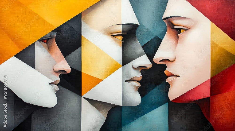 Aufkleber cubist painting with multiple abstract faces, rendered in a kaleidoscope of colors and intersecting 
