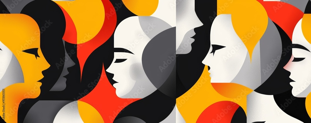 Poster cubist-inspired design with a repeating pattern of abstract faces, each formed from intersecting geo
