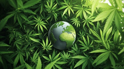 Earth in the center of swirling green marijuana leaves, pure white backdrop, artistic and tranquil, Watercolor style