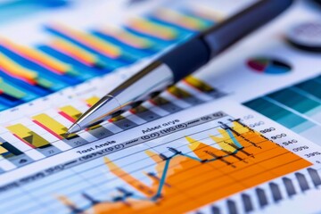 Business chart with pen analyzing financial data, showing growth and success