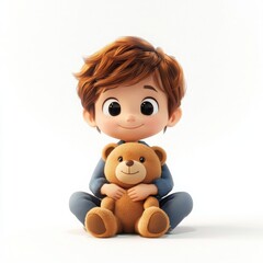 Cute Cartoon Boy Holding Teddy Bear Plush Toy