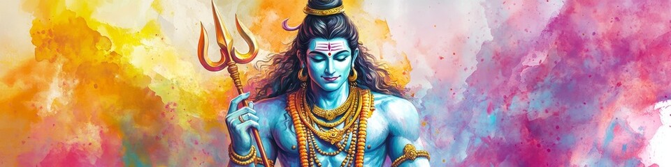 Vibrant AI-Generated Shiva: Epic Watercolor Depiction of Hindu God with Trishula. Colorful Cultural Art for T-Shirt Prints, Posters, and UI Design. Minimalist Composition with Elegant Gradients and Te