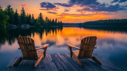 Fototapeta premium Two wooden chairs on the dock of a lake with a beautiful sunset sky over a forest landscape background