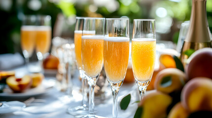 Bellini served at a brunch table, with peach slices and champagne glasses around