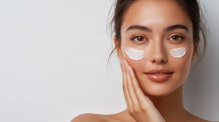 Beautiful woman with under-eye cream, skincare concept. Close-up of a young woman applying cosmetic cream on her face for a radiant and healthy look.