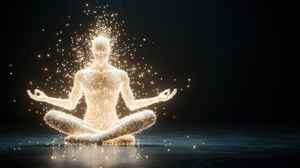 Naklejka premium Digital art of a glowing human figure meditating with particle effects representing energy and spirituality in a dark space